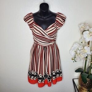 Anna Sui Womens Black & Orange Striped Off Shoulder Silk Dress Sz 3